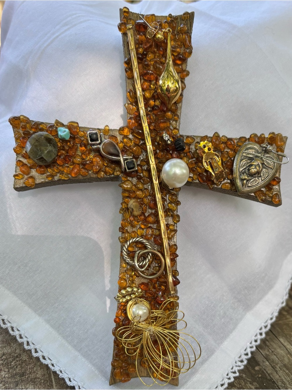 Handcrafted Amber-Tone Mixed Media Wall Cross - Picture 3 of 7